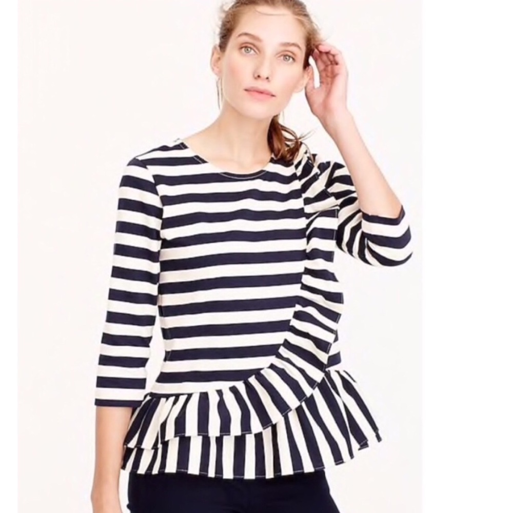 J Crew Asymmetrical Striped Ruffle 3/4 Sleeve Top